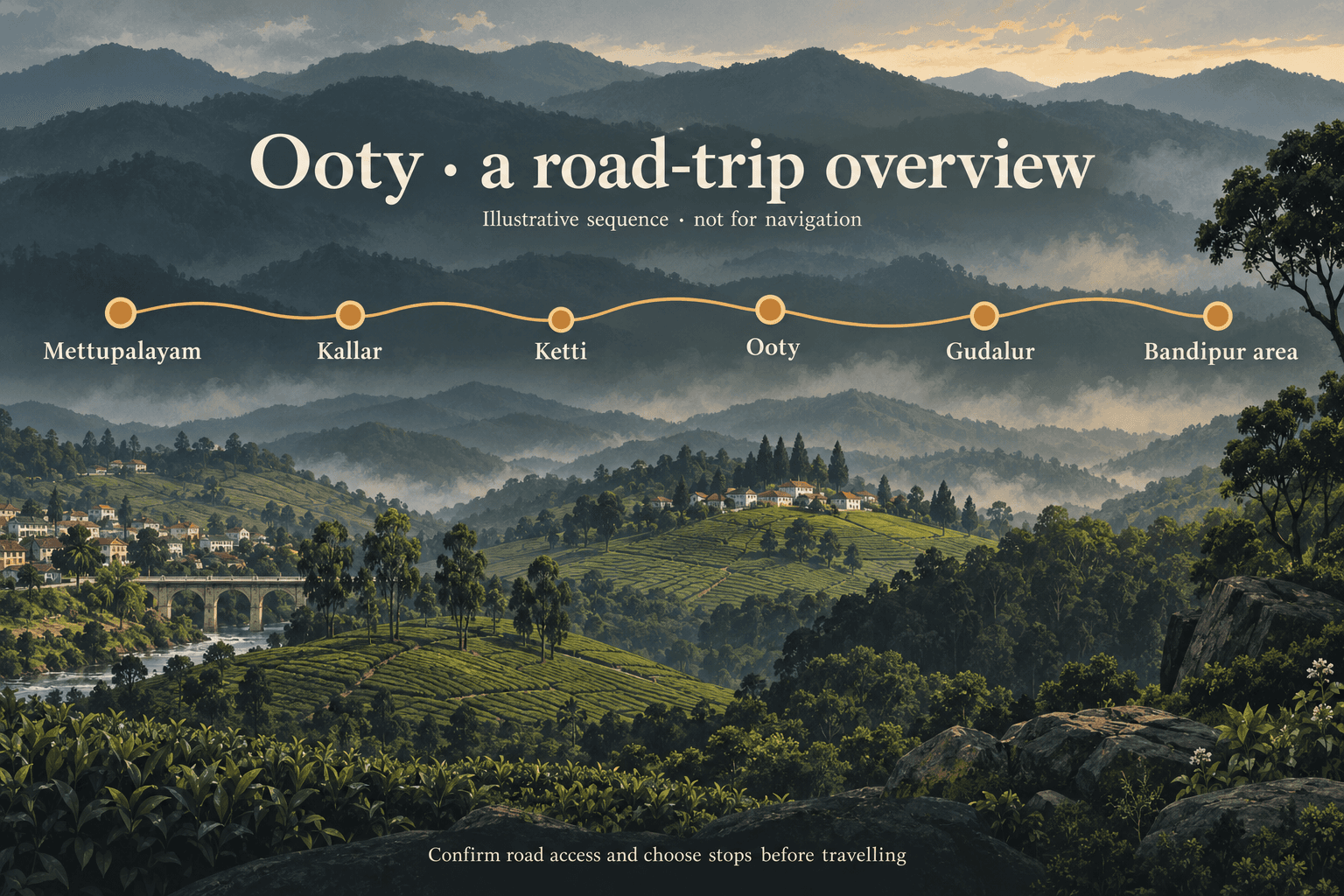 Illustrative Ooty planning overview: Mettupalayam, Kallar, Ketti, Ooty, Gudalur and Bandipur area. Not a navigation map.